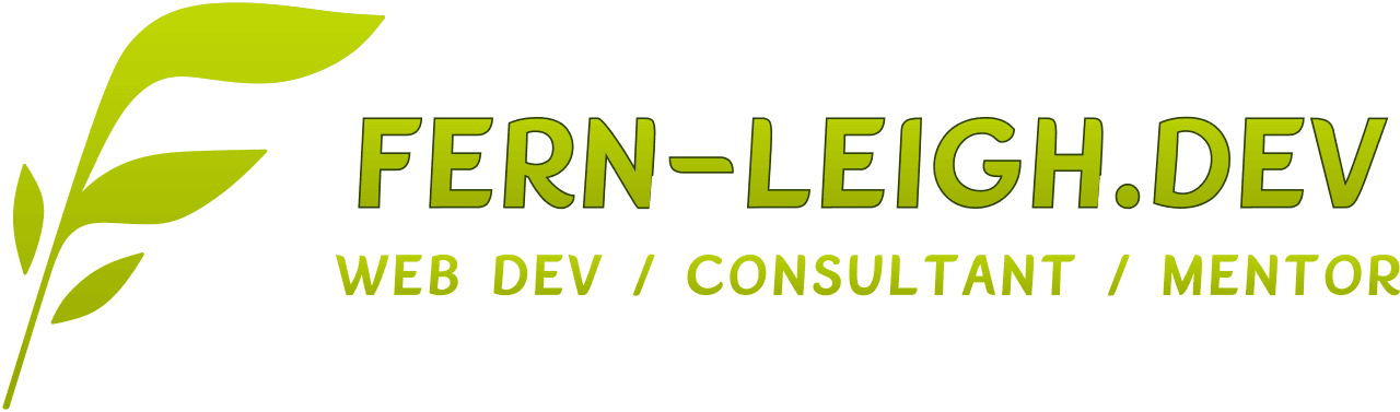 company log showing the company name, fern-leigh.dev, and a tagline with the words we dev / consultant / mentor