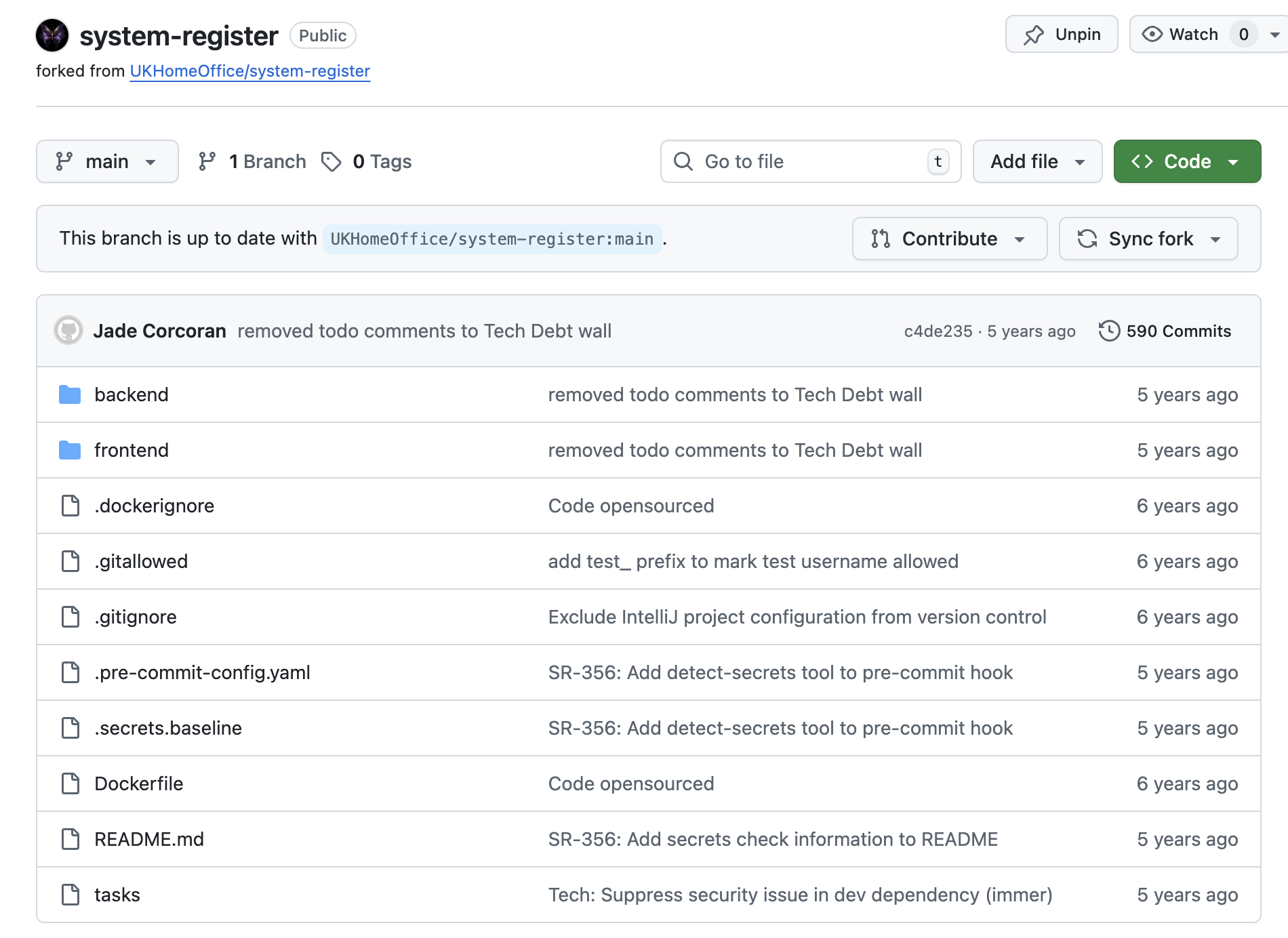 screenshot of code structure for System Register project taken from github repo