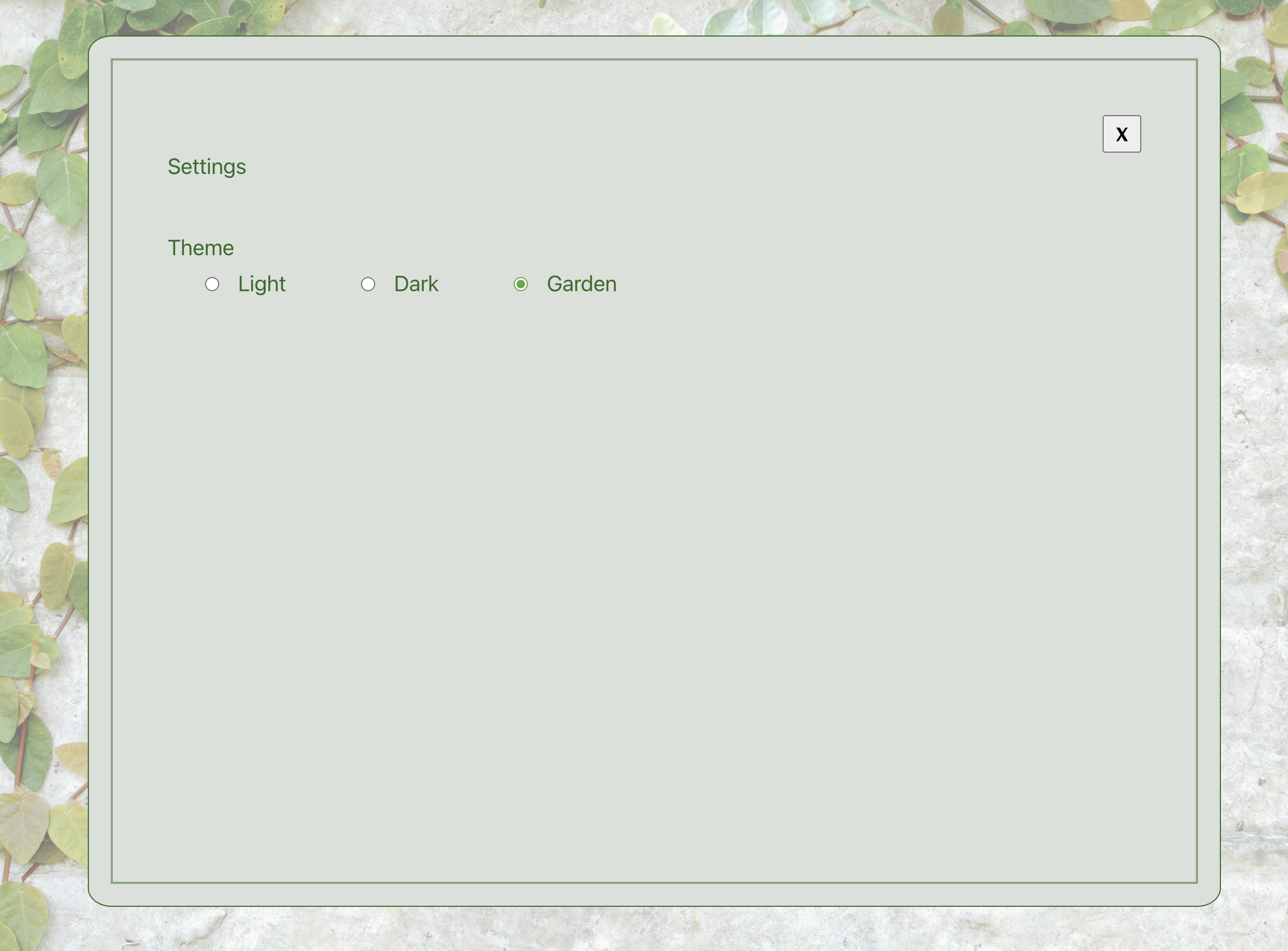 screenshot of a modal overlay showing radio button options for light, dark and garden themes
